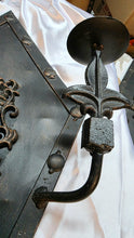 Load image into Gallery viewer, Gothic Iron Wall Sconce Pair with Heraldic Lion Crest & Fleur-de-Lis Arms