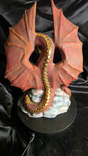 Load image into Gallery viewer, Vintage Red Dragon Resin Figurine with Gold Accents - Mythical Guardian on Rock Base