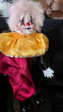 Load image into Gallery viewer, Vintage Porcelain Clown Doll – Red & Gold Satin Ensemble with White Hair and Display Stand