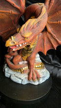 Load image into Gallery viewer, Vintage Red Dragon Resin Figurine with Gold Accents - Mythical Guardian on Rock Base