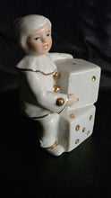 Load image into Gallery viewer, Vintage Monti Piero Porcelain Harlequin Clown Figurine with Dice – White & Gold Elegance