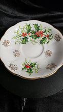 将图片加载到图库查看器,Queen Anne “Yuletide” Fine Bone China Teacup & Saucer – England, 1950s Holiday Holly & Bells Pattern