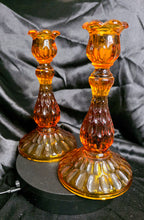 Load image into Gallery viewer, Vintage Amber Glass Candlestick Duo – Warm Honey Glow, Tulip Rim Elegance