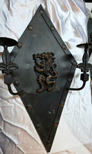 Load image into Gallery viewer, Gothic Iron Wall Sconce Pair with Heraldic Lion Crest & Fleur-de-Lis Arms