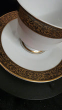 Load image into Gallery viewer, Vintage Sango Hampton 3758 Porcelain Cup and Saucer - Elegant Gold and Black Floral Trim