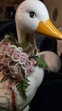 Load image into Gallery viewer, Large Ceramic Goose Sculpture – 18″ Tall White Crackle-Glaze Waterfowl with Ribbon Décor