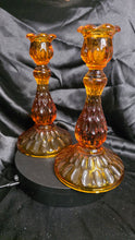 Load image into Gallery viewer, Vintage Amber Glass Candlestick Duo – Warm Honey Glow, Tulip Rim Elegance