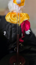 Load image into Gallery viewer, Vintage Porcelain Clown Doll – Red & Gold Satin Ensemble with White Hair and Display Stand