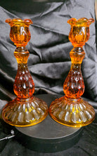 Load image into Gallery viewer, Vintage Amber Glass Candlestick Duo – Warm Honey Glow, Tulip Rim Elegance