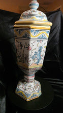 将图片加载到图库查看器,Hand-Painted Portuguese Faience Apothecary Jar for Nora Fenton — Signed “Dina” — Hexagonal Lidded Urn (14”)