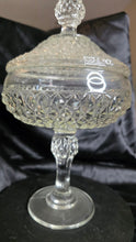 Load image into Gallery viewer, Vintage Indiana Glass Diamond Point Covered Compote – Footed Pedestal Candy Dish – Clear Pressed Glass 1960s Mid-Century Elegance