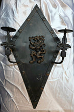 Load image into Gallery viewer, Gothic Iron Wall Sconce Pair with Heraldic Lion Crest & Fleur-de-Lis Arms