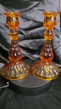 Load image into Gallery viewer, Vintage Amber Glass Candlestick Duo – Warm Honey Glow, Tulip Rim Elegance