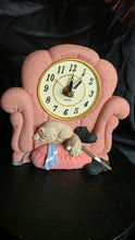 Load image into Gallery viewer, Vintage Novelty Cat Clock – Pink Armchair Quartz Timepiece with Cat, Shoes & Blanket Figurine