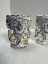 Load image into Gallery viewer, Vintage Pair of Hand-Painted Porcelain Openwork Toothpick Holders with Pink Roses & Gold Gilt