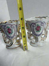 Load image into Gallery viewer, Vintage Pair of Hand-Painted Porcelain Openwork Toothpick Holders with Pink Roses & Gold Gilt