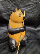 Load image into Gallery viewer, Vintage Wood Carve Panda Figurine with Brass Bamboo Stick, Brass Eyes and Ears