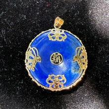 Load image into Gallery viewer, Vintage 14K Yellow Gold Lapis Lazuli Good Fortune Donut Pendant Chinese Symbol
