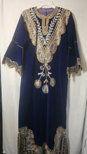 Load image into Gallery viewer, Royal Blue Velvet Kaftan Gold Silver Embroidered Formal Traditional Robe Gown
