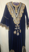 Load image into Gallery viewer, Royal Blue Velvet Kaftan Gold Silver Embroidered Formal Traditional Robe Gown
