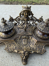 Load image into Gallery viewer, Vintage Ornate Brass Double Inkwell Stand India Writing Desk Pen Accessory
