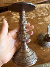 将图片加载到图库查看器，Vintage Red Bronze Taper Candle Holders Floral Engraved India Pair MCM

