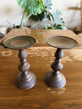 将图片加载到图库查看器，Vintage Red Bronze Taper Candle Holders Floral Engraved India Pair MCM
