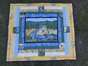Vintage Handmade Cotton Throw Quilt — Bluebirds on the Bend, 47” x 54”, USA