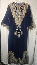 Cargar imagen en el visor de la galería, Royal blue velvet kaftan — gold and silver embroidery, traditional formal robe
