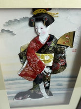 Load image into Gallery viewer, Vintage Framed Japanese Oshie 3D Fabric Art — Geisha with Folding Fan Shadow Box
