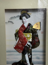 Load image into Gallery viewer, Vintage Framed Japanese Oshie 3D Fabric Art — Geisha with Folding Fan Shadow Box
