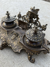 Load image into Gallery viewer, Vintage Ornate Brass Double Inkwell Stand India Writing Desk Pen Accessory
