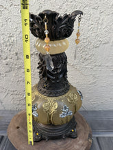 Load image into Gallery viewer, Victorian Style Ornate Gold Resin Candle Holder Hanging Crystal Prism Scrollwork
