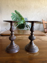 将图片加载到图库查看器，Vintage Red Bronze Taper Candle Holders Floral Engraved India Pair MCM
