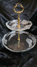 Load image into Gallery viewer, Vintage Two-Tier Glass Serving Stand with Ornate Gold Handle – Elegant Entertaining Display
