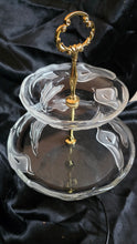 Load image into Gallery viewer, Vintage Two-Tier Glass Serving Stand with Ornate Gold Handle – Elegant Entertaining Display
