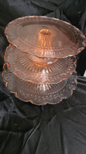 Load image into Gallery viewer, Vintage Pink Depression Glass Three-Tier Pedestal Server – Radiant Etched Laurel Pattern
