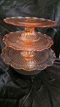 Load image into Gallery viewer, Vintage Pink Depression Glass Three-Tier Pedestal Server – Radiant Etched Laurel Pattern
