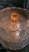 Load image into Gallery viewer, Vintage Pink Depression Glass Three-Tier Pedestal Server – Radiant Etched Laurel Pattern
