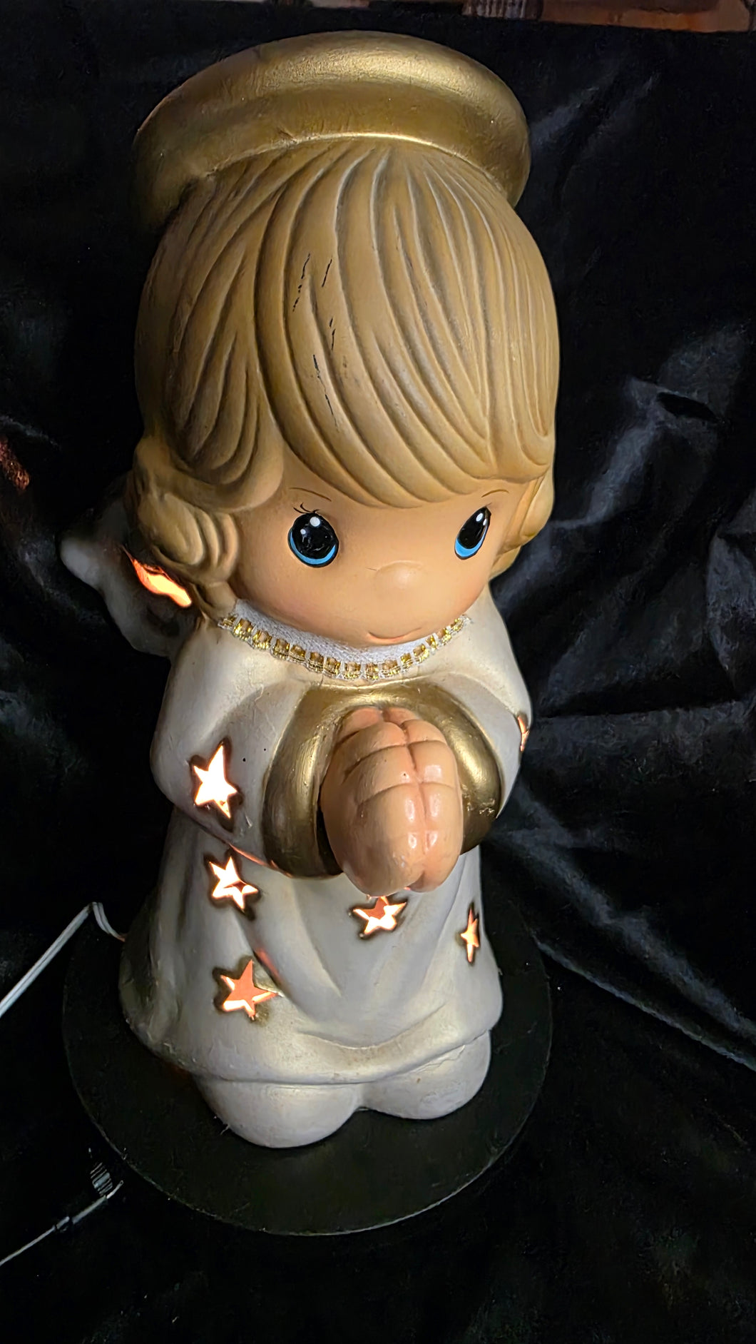 Vintage Hand-Painted Ceramic Angel Baby Night Light | Gold Halo & Star-Cut Wings | Plug-In Illuminated Figurine | Precious 13-in Cherub Lamp | Soft Golden Glow Heirloom