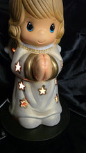 Load image into Gallery viewer, Vintage Hand-Painted Ceramic Angel Baby Night Light | Gold Halo &amp; Star-Cut Wings | Plug-In Illuminated Figurine | Precious 13-in Cherub Lamp | Soft Golden Glow Heirloom
