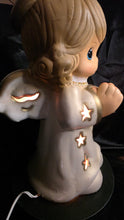 Load image into Gallery viewer, Vintage Hand-Painted Ceramic Angel Baby Night Light | Gold Halo &amp; Star-Cut Wings | Plug-In Illuminated Figurine | Precious 13-in Cherub Lamp | Soft Golden Glow Heirloom
