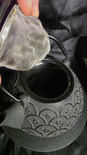 Load image into Gallery viewer, New Old Stock Cast Iron Tetsubin Teapot | Silver-Black Textured Floral Relief | Enamel Interior | Traditional Japanese Design | Pristine Unused Condition
