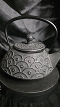 Load image into Gallery viewer, New Old Stock Cast Iron Tetsubin Teapot | Silver-Black Textured Floral Relief | Enamel Interior | Traditional Japanese Design | Pristine Unused Condition
