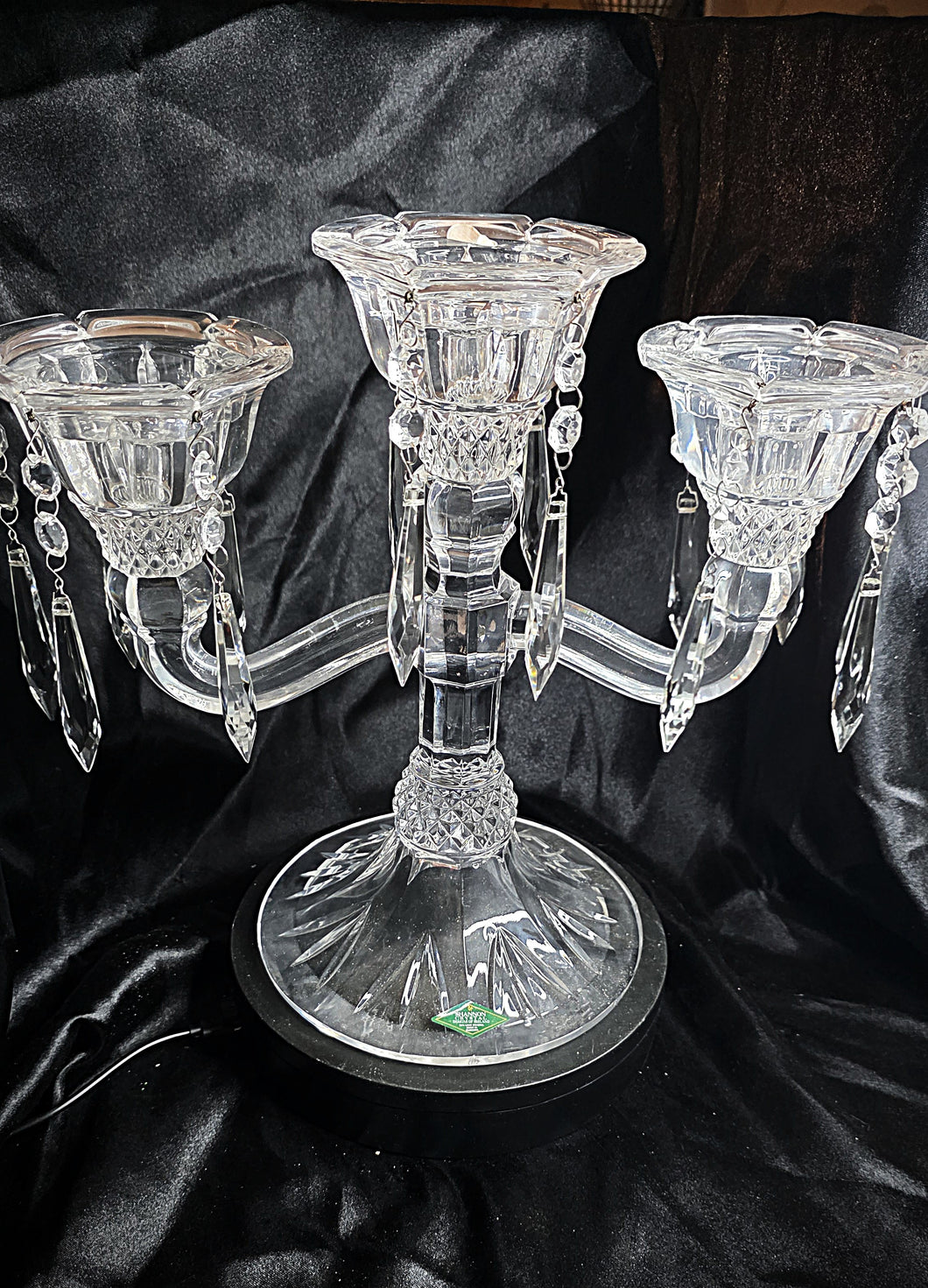 Shannon Crystal Designs of Ireland 24% Lead Crystal Three-Arm Candelabra with Prisms & Original Box