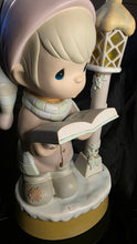 Load image into Gallery viewer, Vintage Enesco Nighttime Prayer Figurine Lamp / Musical Lighted Sculpture with Bird Lantern Accent
