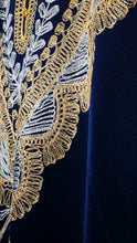 गैलरी व्यूवर में इमेज लोड करें, Hand-Embroidered Navy Velvet Kaftan Dress with Gold &amp; Silver Threadwork, Long Formal Evening Gown
