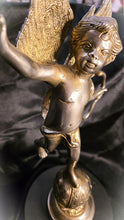 Load image into Gallery viewer, Vintage Heavy Solid Brass Cupid (Eros) Statue on Celestial Globe – 17” French Art Nouveau–Inspired Classical Sculpture
