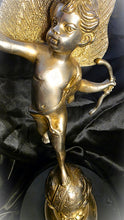 Load image into Gallery viewer, Vintage Heavy Solid Brass Cupid (Eros) Statue on Celestial Globe – 17” French Art Nouveau–Inspired Classical Sculpture
