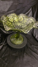 Load image into Gallery viewer, Vintage Imperial Glass Avocado Green Hobstar Pedestal Compote – Mid-Century Statement Bowl
